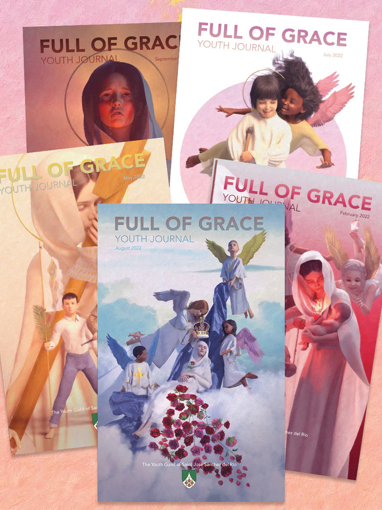 Collection of Full of Grace Youth Journal covers featuring angels, saints, and faith-based imagery in soft pastel tones.