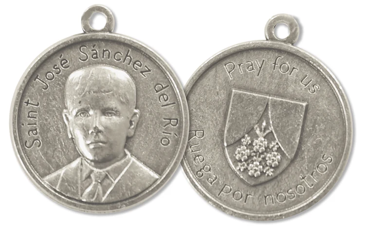 Front and back of the Saint José Sánchez del Río medal featuring his portrait and the words "Pray for Us" and "Ruega por nosotros."